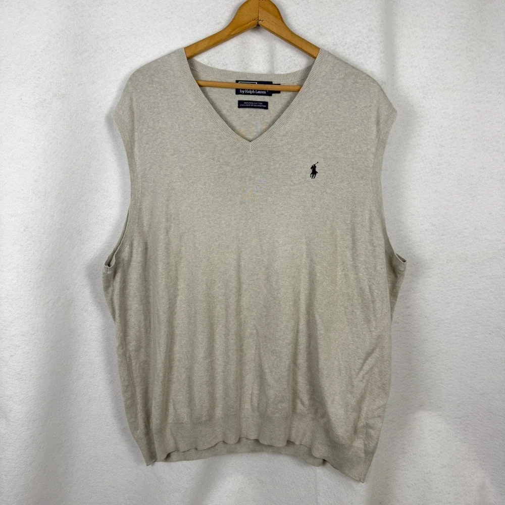 Polo Ralph Lauren Sweater Vest Mens 3XB 100% Pima Cotton V-Neck Beige Preppy